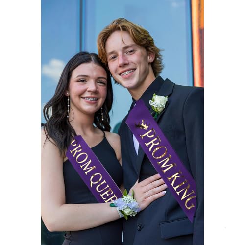 Purple Base Gold Words Prom Queen King Sash Decoration - 2 Pack