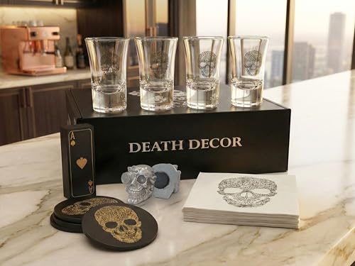 Skull Gothic Shot Glass Gift Set - 4 Dark Themed Glasses Coasters & Cards