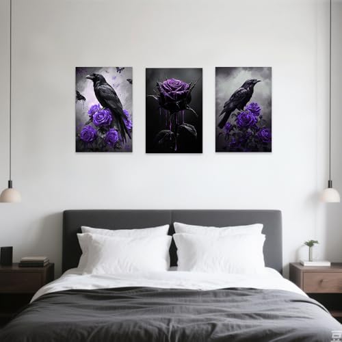 Purple Gothic Canvas Wall Art Set of 3 Crow and Rose Prints 11x14 Framed Halloween Decor