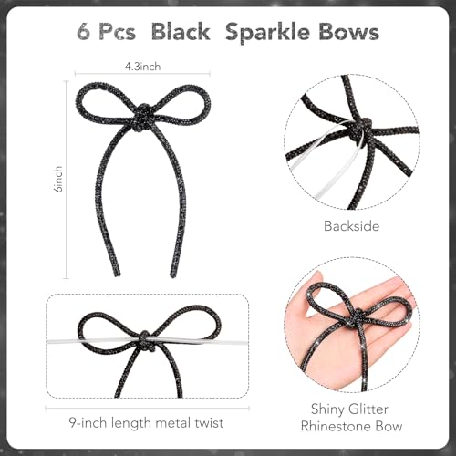 Black Sparkly Glitter Holiday Bows - 6 Pcs 4.3x6 Inch Tree & Gift Decor with Twist Ties