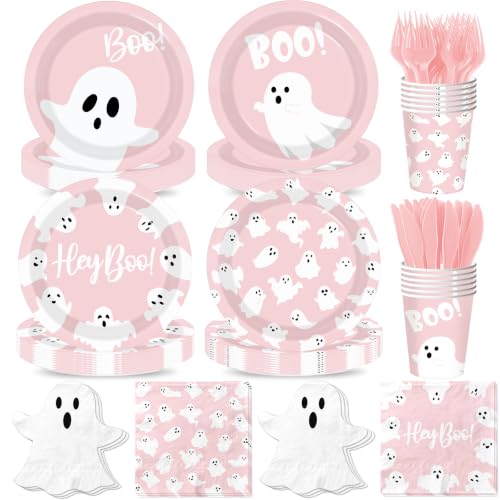 Pink Halloween Ghost Paper Plates and Napkins Set - 144pcs Party Supplies