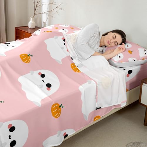 Full Size Cartoon Ghost Bed Sheets Set Halloween Pumpkin Decorations - Multi 21