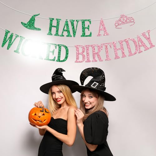 Wicked Birthday Banner Witch Theme Party Decorations Pink Green Glitter Sign