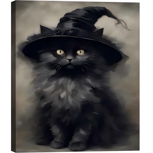 Halloween Black Cat Wall Art Canvas - Framed Gothic Decor - 12x18 Inches - Witch Kitten Design