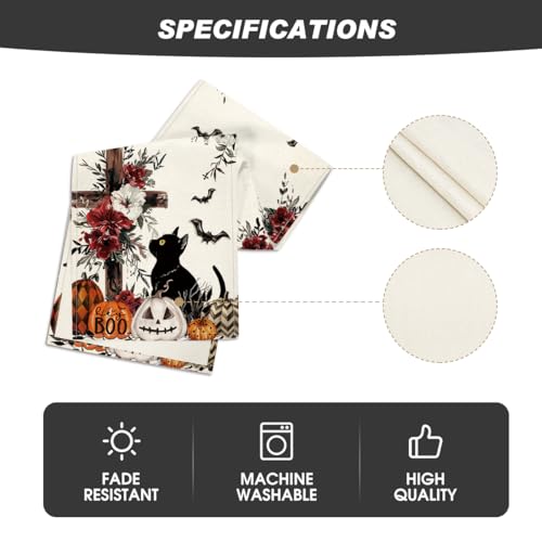 Halloween Jack-O'-Lantern Pumpkin Cross Black Cat Table Runner - 13 x 108 Inch Beige