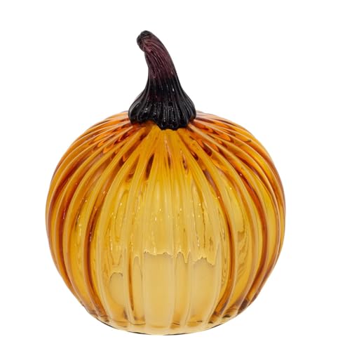 Medium Hand Blown Glass Pumpkin Fall Decor - Amber Orange, Boston International