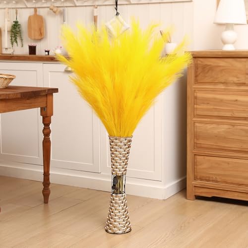 Yellow Pampas Grass Decor - Faux 8 Pieces, 45 Inch Tall, Lifelike Fluffy Stems