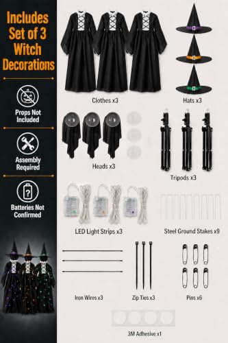 Lighted Halloween Yard Decorations Set of 3 Witches - Black, 59 Inches
