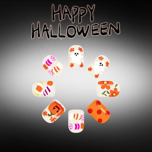 Halloween Press On Nails Short Square Nails with Pumpkin Ghost Designs - Pattern W16, 24 Pcs