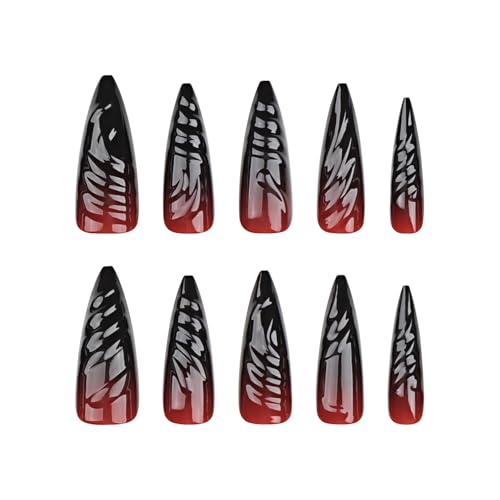 Press On Nails Long Stiletto Goth Red Black Vampire Design 24 pcs - Variation 06102Red&Black