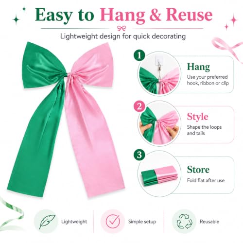 Large Pink and Green Satin Bow Christmas Tree Topper Decor 25x47 Inch