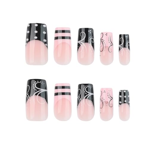 Pink Press On Nails Medium Length Square Black French Tip Vine Design - Variation A62