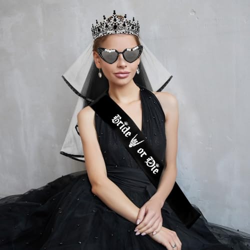Gothic Bride Bachelorette Party Decorations Set - Black Tiaras Veil Sash & Glasses