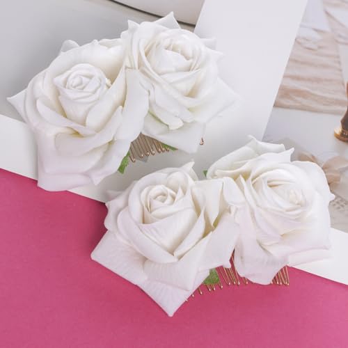 White Rose Flower Hair Clips Comb Set for Weddings & Events - 2 Pack