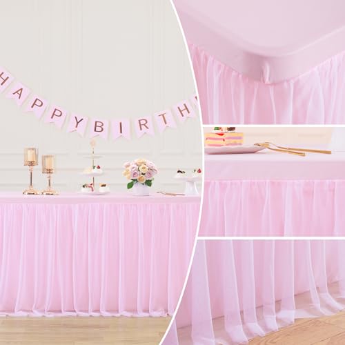 Pink 8ft Rectangle Tablecloth & Tulle Skirt Set - 96x30 Inches, 2 Pack