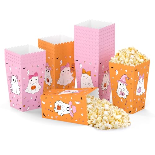 Halloween Popcorn Favor Boxes - Pink & Orange Ghost Theme, 24 Pack