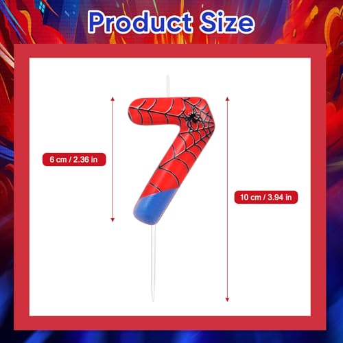 Spider Birthday Candle Cake Topper - Number 7, Red & Blue Web Design, Party Decorations