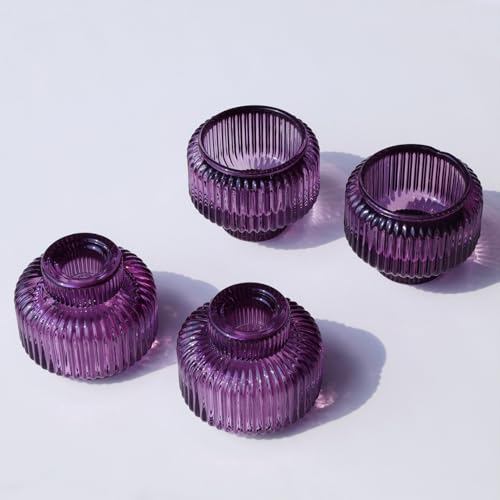 Purple Candlestick Holders Set of 4 - Vintage Glass Taper Candle Holders for Halloween Thanksgiving Christmas Fall Weddings