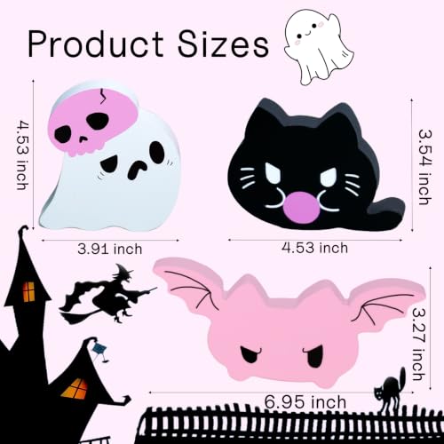 Pink Halloween Decor Set - 3pcs Cute Ghost Bat Cat Centerpieces, Multicolor