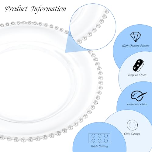 12 Pack Clear Plastic Charger Plates with Silver Beaded Rim - 13 Inch