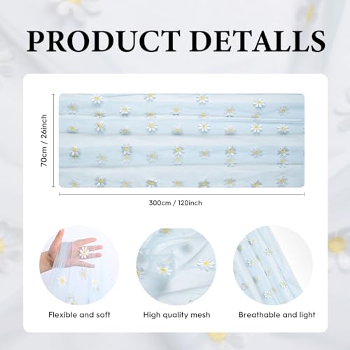 28x120 Inch Sky Blue Daisy Gauze Embroidery Table Runner for Dining & Holiday Decor
