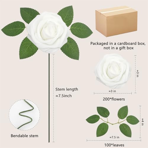 White Realistic Roses Artificial Flower Set - 200PCS with 100 Leaves for Wedding & Party DIY Decor - Variation of White / 200