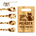 Black Cat Murder Cutting Board with 4 Spoons & Cleaning Sponge - Variation of THIS listing