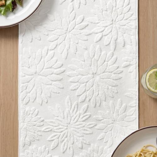 White Cotton 3D Jacquard Dahlia Floral Table Runner 13x72 Inch - Home Decor