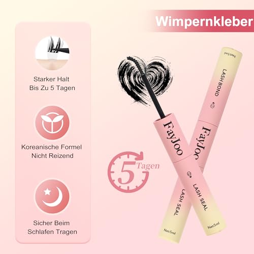 FayJoo Eyelash Adhesive Long Lasting Up to 5 Days, Strong & Flexible Hold Glue for Eyelash Extensions, Hypoallergenic, Waterproof & Quick-Dry, 3 in 1 Bond & Seal & Remover for Lash Cluster(5ml Each)