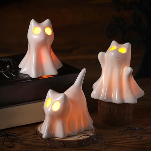 Halloween Ceramic Ghost Cat Candle Holders Set - Spooky Decor for Mantels & Tables