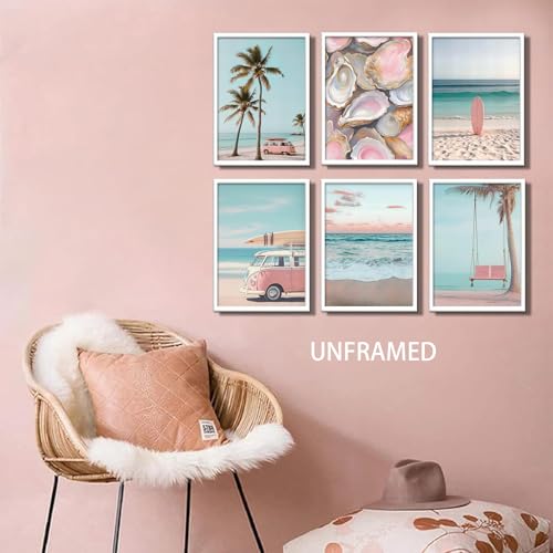 Pink Coastal Beach Wall Art Set - 6 Pieces 12x16in Ocean & Surf Posters for Dorm & Home Decor - Variation: Poster1