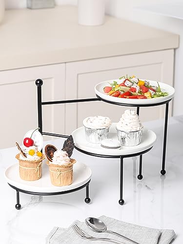 Black 8-Inch 3-Tier Serving Stand with Porcelain Plates for Entertaining