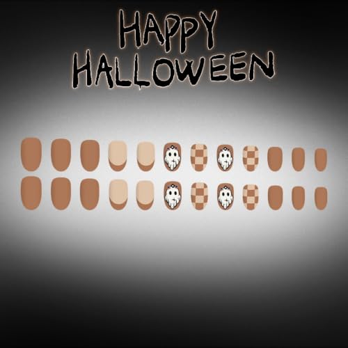 Halloween Press On Nails Short Oval Fake Nails with Ghost & Checkered Design - Brown, Reusable, 24Pcs - Variation: Color35