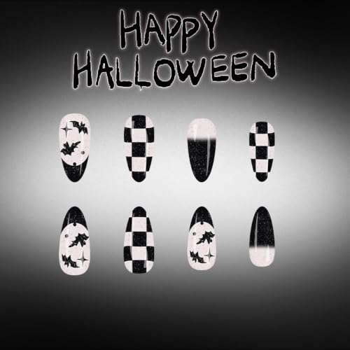 Halloween Fake Nails Black French Tip Almond Medium Press-On Nails - Design G9