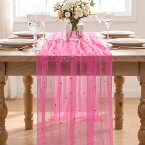 Pink Pearl Gauze Table Runner 28 x 120 Inches - Rose Red, Durable Home Decor