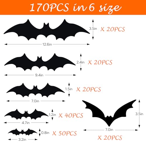 M-170Pcs 3D Bat Wall Decor Set - Halloween Waterproof Wall Decorations