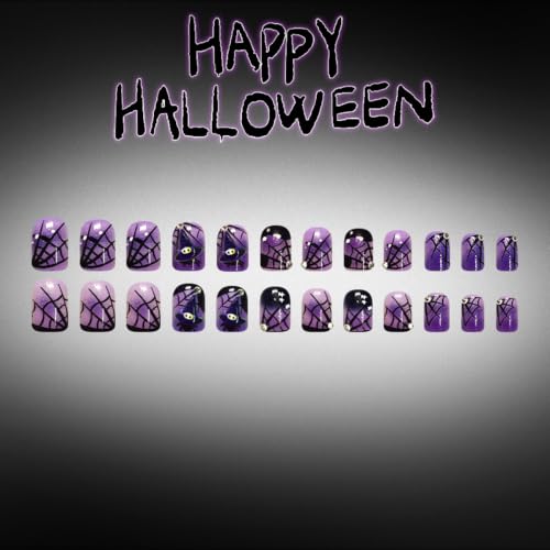 Halloween Witch Press on Nails Short Square Black Purple with Cap & Cobweb - Style27