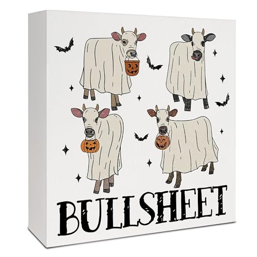 Halloween Cow Wooden Box Sign - Fall Decor, Cow Lover Gift, Spooky Pumpkin Bat - Variation 04