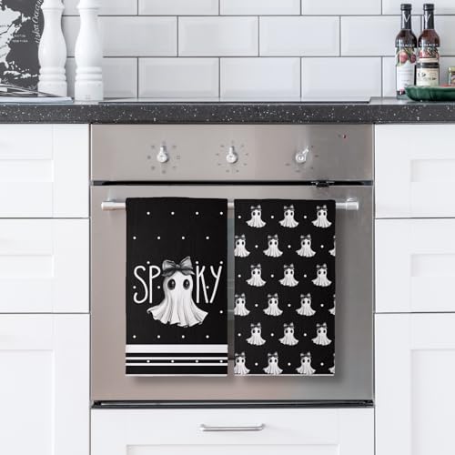 Halloween Kitchen Towels Set of 2 18x26 Inches Spooky Black Ghost Decor