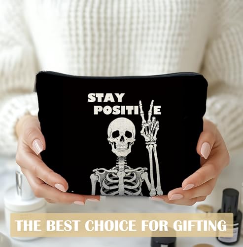 Inspirational Gothic Skeleton Makeup Bag for Women - Positive Skull Cosmetic Pouch with Zipper - Black & White