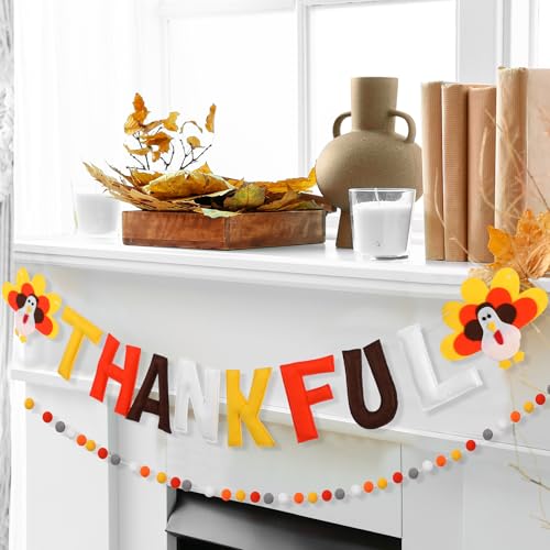 Thankful Thanksgiving Felt Banner with Pom Poms and 3D Letters - Fall Decor