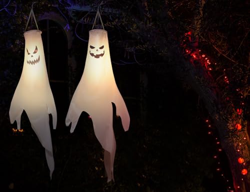 Scary Style Halloween Ghost Windsocks for Trees - Waterproof LED Outdoor Decorations, 4 Pcs