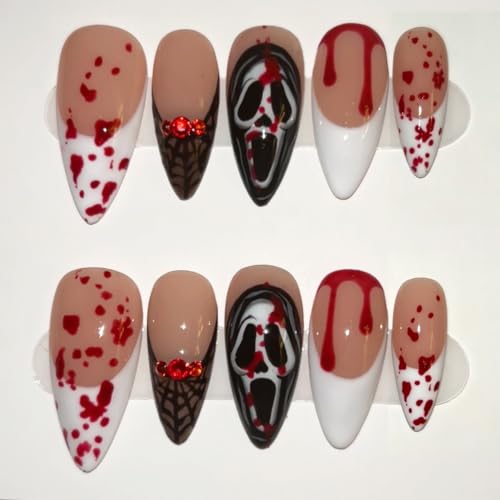 Halloween Press On Nails Almond Bloody French Tip Spider Web Ghost Set - Colorful 9