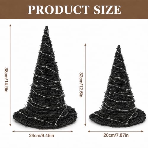 2Pcs Halloween Rattan Witch Hat Decor with String Lights - Indoor Outdoor Party Table Centerpieces