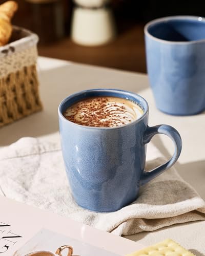 Aurora Blue Coffee Mug Set of 8 - 14oz Stoneware Cups with Handle, Elegant Glaze