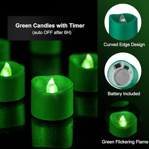 Green Flickering Flame Tea Lights with Auto 6H Timer - Battery Operated, Curved Design