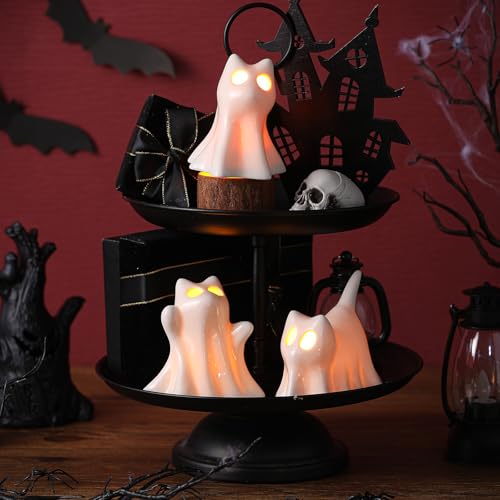 Halloween Ceramic Ghost Cat Candle Holders Set - Spooky Decor for Mantels & Tables
