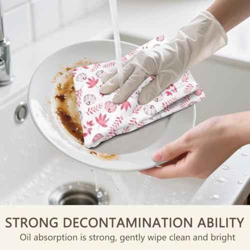 Dish Towels 9 Set of 2 - Fall Pink Maple Leaf Pumpkin Kitchen Hand Towels, 18x26 Inches, Thanksgiving Autumn Decor