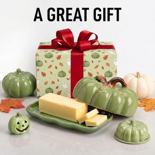Green Pumpkin Butter Dish Set with Lid - Multi-Purpose Snack Plate for Kitchen & Holidays
