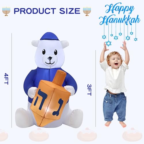 4ft Outdoor Inflatable Hanukkah Polar Bear with LED Lights and Stakes